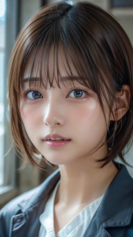 (8k, Photorealistic, RAW Photos, Best image quality: 1.4), Japanese girl、Short Bob、Super detailed face、Eye on the details、double eyelid、Sharp focus:1.2、Beautiful woman:1.4、Light brown hair、Highest quality、masterpiece、Ultra-high resolution、(Photorealistic:1.4)、Highly detailed and professionally lit smiles、school uniform、blush、Open your mouth a little、Watery eye