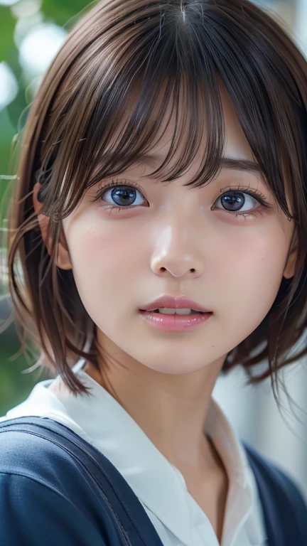 (8k, Photorealistic, RAW Photos, Best image quality: 1.4), Japanese schoolgirl、Short Bob、Super detailed face、Eye on the details、double eyelid、Sharp focus:1.2、Beautiful woman:1.4、Light brown hair、Highest quality、masterpiece、Ultra-high resolution、(Photorealistic:1.4)、Highly detailed and professionally lit smiles、school uniform、blush、Open your mouth a little、Watery eye