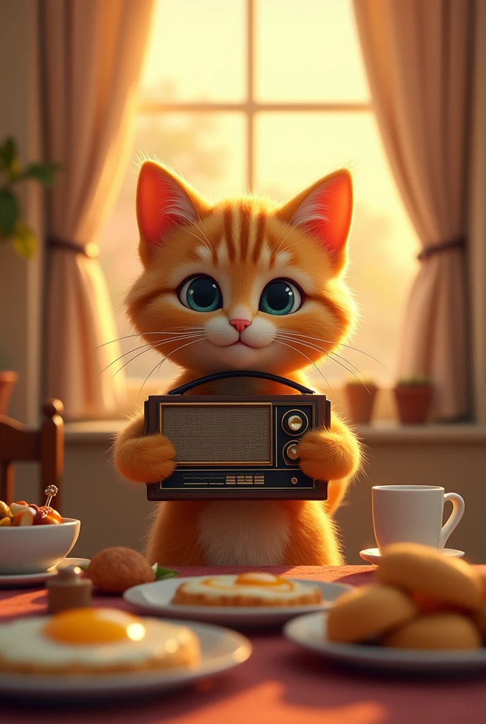 A smiling cat facing forward with a radio in his arms at the dawn of a new day next to a beautiful breakfast table 