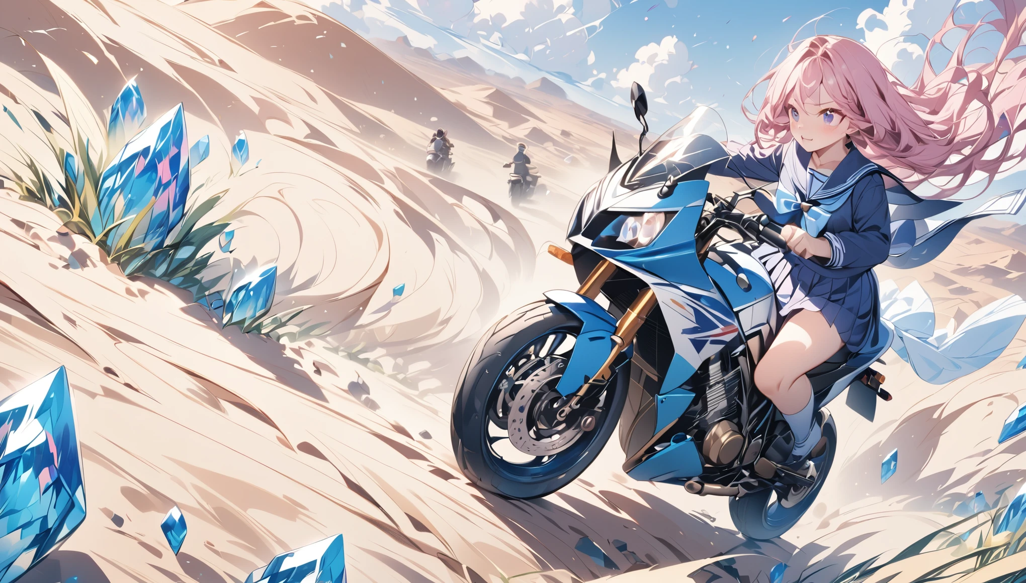 One Girl、Pink Hair、Long Hair、Black Sailor Suit、Sailor uniform with blue ribbon、Riding a motorcycle、Tough bikes、Running through a mysterious desert where blue crystals roll