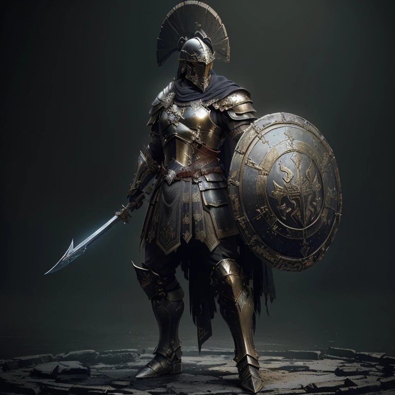 a man armed with armor, sword and shield standing on a circular platform, Ares with heavy armor and sword., vestido con Spartan armor, spartan warrior, ancient soldier, armored warrior, 3D 8k rendering character art, with thick bronze armor, armored warrior, Spartan armor, concept art of a warrior, ancient warrior, spartan, dark souls theme