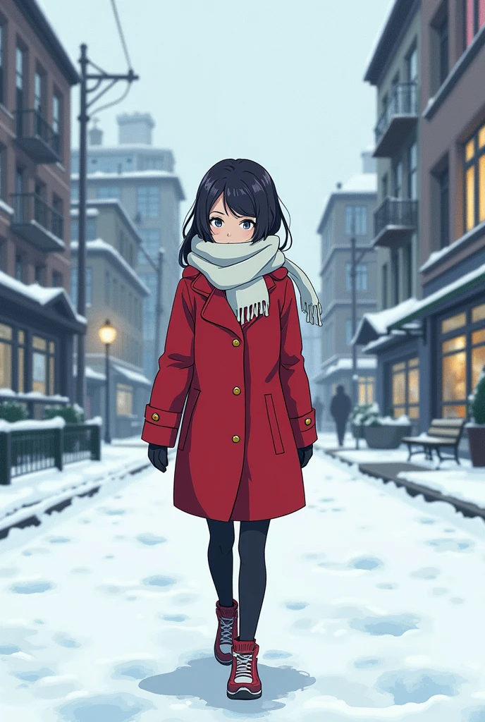 A teenage girl walks on a snowy street. She wears a bright red coat and a white scarf covering her face. Anime style.