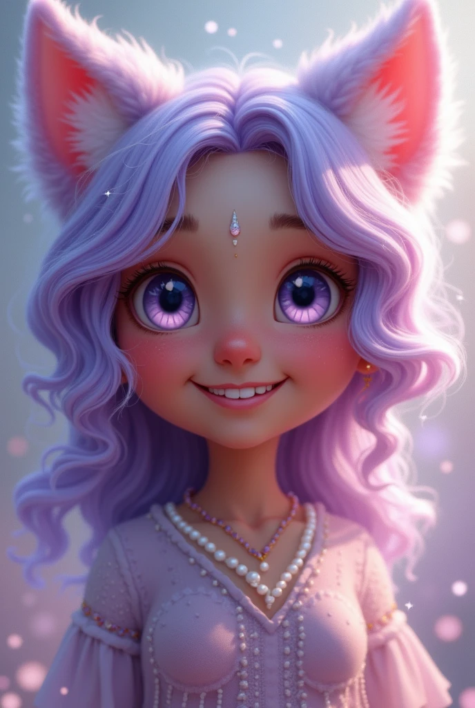 Girl, wavy fur, big lilac eyes, Brown skin, , smiling,