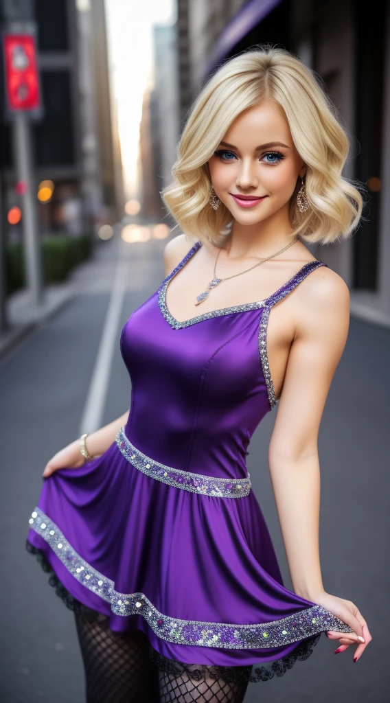 erotic , "extremely beautiful girl", wearing a embellished sexy purple dress, wider hips, very short body/height, full-body in 9:16 ratio, depth of field, Full body photo、Blonde Hair、blue eyes、Short Haircut、Wavy Hair、dress、Ear piercing、necklace、tights、pumps、smile、The background is the city