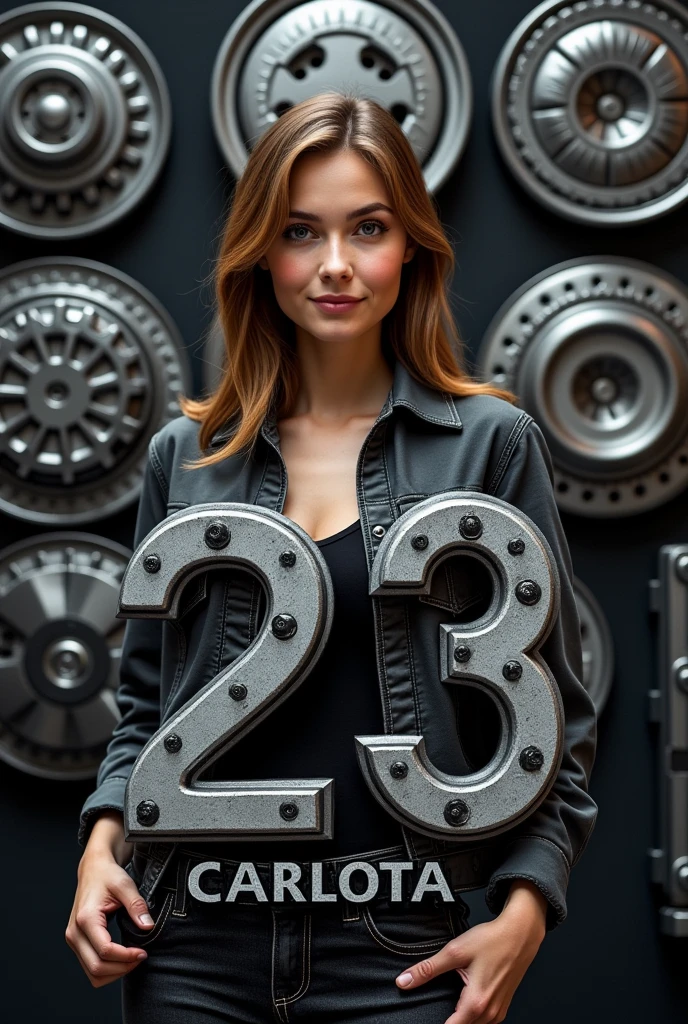 a birthday invitation from carlota, he will be 23 years old, The invitation needs to be something related to the theme of the party, which is mechanics, and if possible, some car hubcaps., the invitation must be in black, gray and silver and must have the birthday boy's name and age Carlota 2, leave a space below for me to add the information