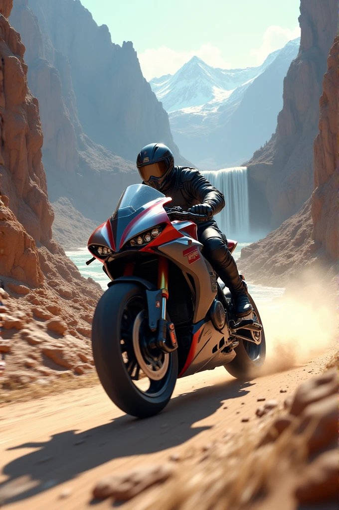 A biker with sports bike riding fast through  mountains valley in sand and waterfall 