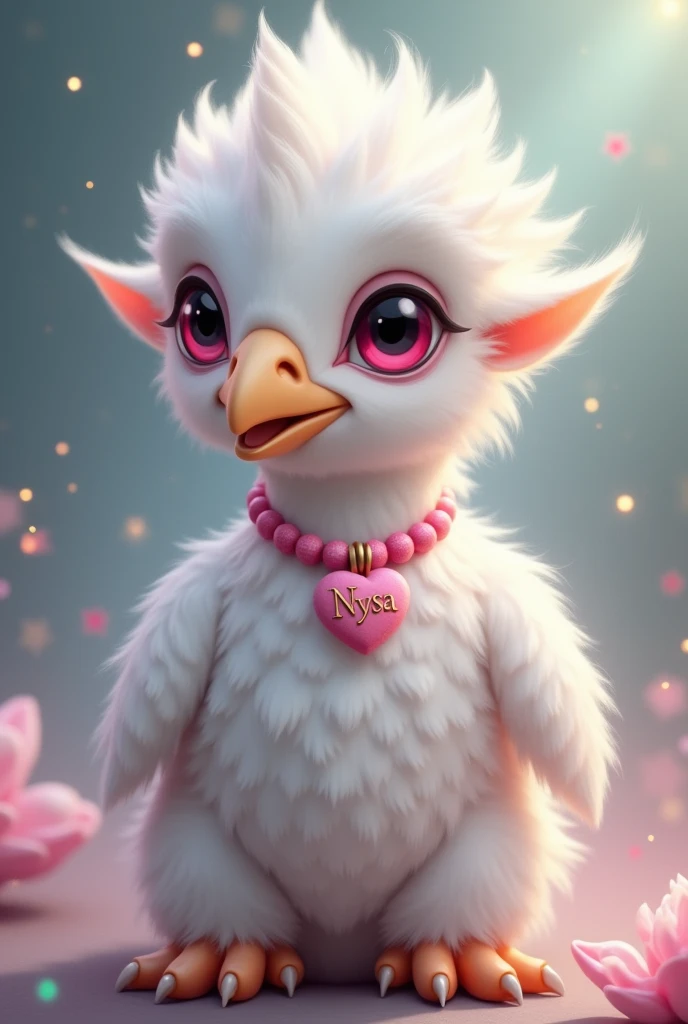 I want you to create a picture of a baby albino eagle-beaked hippogriff with pink Harry Potter eyes and wearing a pink collar with a heart with the name Nysa on it.