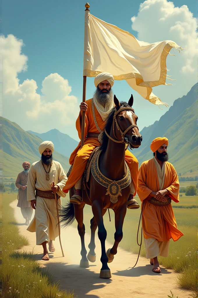A Sikh saint is riding a horse. Another Sikh is walking ahead of his horse carrying a white flag. Another Sikh is walking humbly behind the horse