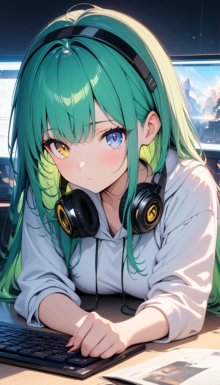 (((anime))) One Woman,I am using the computer on my desk,Hands on the keyboard,Long Hair,(Green Hair),Bangs parted in the center,Headphones,Heterochromia iridis,((blue eyes)),Yellow Eyes,Big eyes, black high-necked hoodie, in a dark room,Backlit by a computer,Backlight,masterpiece,Highest quality,Exquisite,8k,Absurd,Ultra-fine illustrations,(View your audience)