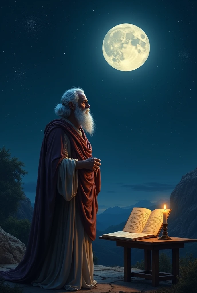 philosophe grec, antiquite qui regarde les etoiles, pleine lune, manuscrit, bougie