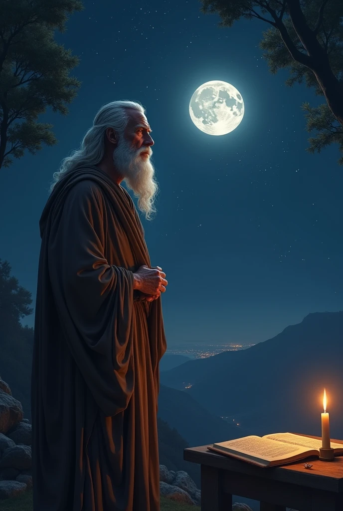 philosophe grec, antiquite qui regarde les etoiles, pleine lune, manuscrit, bougie