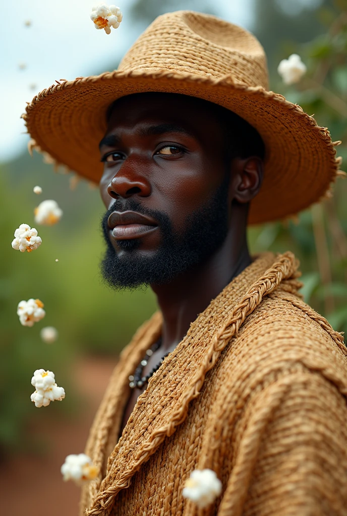 A black African man wearing a full straw outfit from head covering to bare feet in close up , in an African land location with popcorn falling from the sky and onto the ground.
PICTURE REALISTIC.