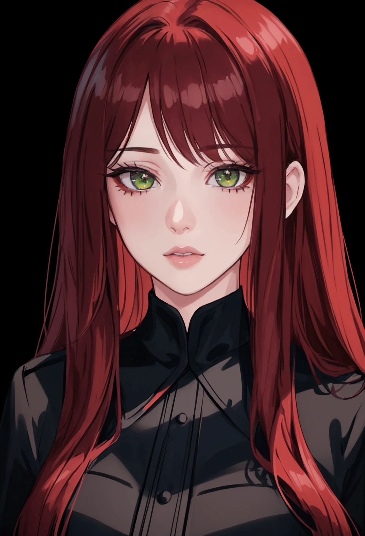 A beautiful girl with red hair, green eyes, and clear skin, with a thoughtful expression, wearing a black school uniform, detailed portrait, realistic, photorealistic, detailed facial features, beautiful detailed eyes, beautiful detailed lips, extremely detailed face, long eyelashes, highly detailed, masterpiece, 4k, hyper detailed, vibrant colors, natural lighting, cinematic, intricate details