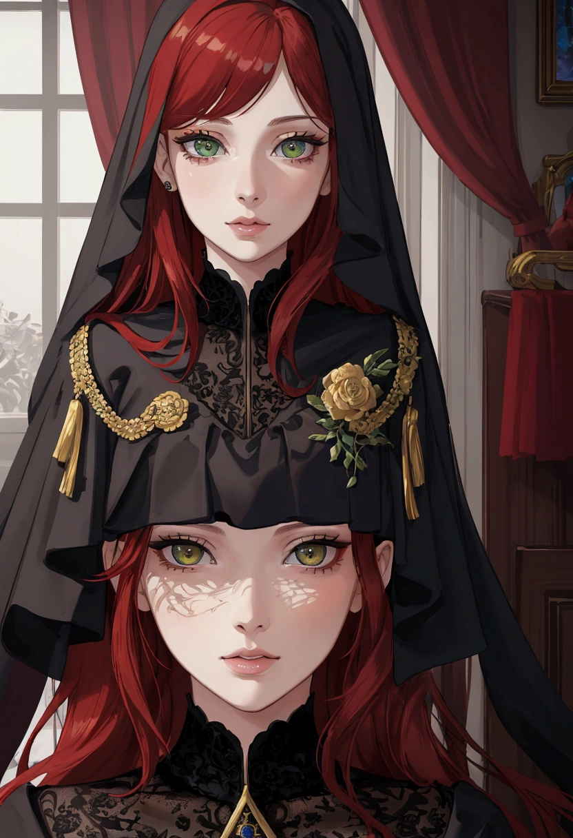 A beautiful girl with red hair, green eyes, and clear skin, with a thoughtful expression, wearing a black school uniform, detailed portrait, realistic, photorealistic, detailed facial features, beautiful detailed eyes, beautiful detailed lips, extremely detailed face, long eyelashes, highly detailed, masterpiece, 4k, hyper detailed, vibrant colors, natural lighting, cinematic, intricate details