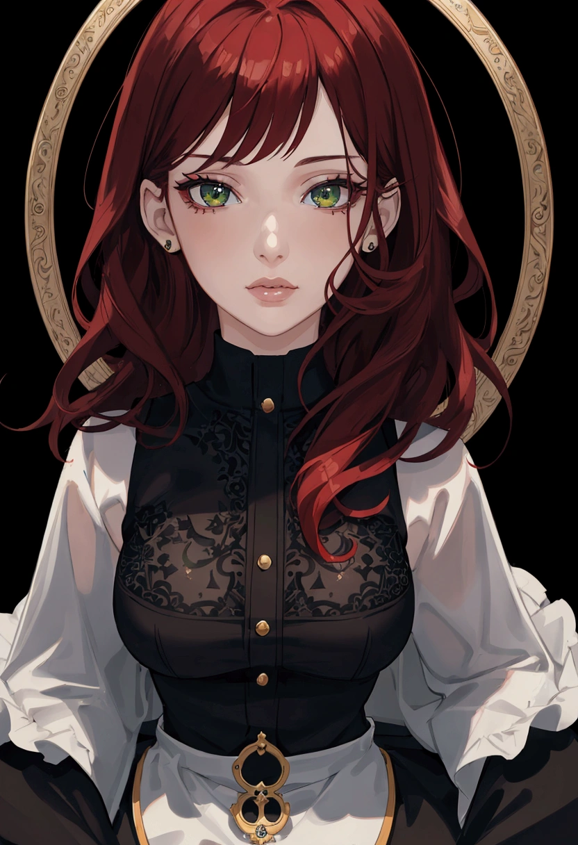 A beautiful girl with red hair, green eyes, and clear skin, with a thoughtful expression, wearing a black school uniform, detailed portrait, realistic, photorealistic, detailed facial features, beautiful detailed eyes, beautiful detailed lips, extremely detailed face, long eyelashes, highly detailed, masterpiece, 4k, hyper detailed, vibrant colors, natural lighting, cinematic, intricate details