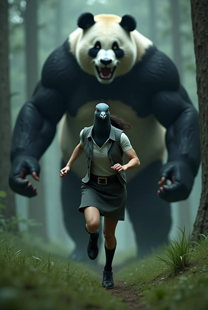 ((Highest quality)), (Gray female pigeon:1,6), (short-sleeved shirt), ((Giant panda holds up a refrigerator with both hands)), (Angry Giant Panda), A giant panda chases after you, Gray female pigeonが全力で走って巨大パンダから逃げている, Gray female pigeonがオフホワイトで襟付きのshort-sleeved shirtに薄茶色のベストを着てひざ丈の黒いスカートに濃い緑の靴下と黒の靴を履いている, 筋肉質なGray female pigeon, The background is a grassy forest, ((horror movie posters)), Photorealistic images,