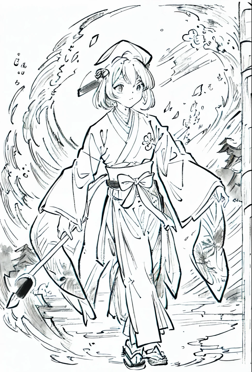 A painting of a costumed woman holding a hat and a walking stick, pencil and Ink Manga, by Junpei Sato, By Yuki Ogura, Beautiful line art, Pencil and ink cartoon, Masamune Shirowのスタイル, Masamune Shirow, Ink Manga, By Hideyuki Kikuchi, Very detailed fan art