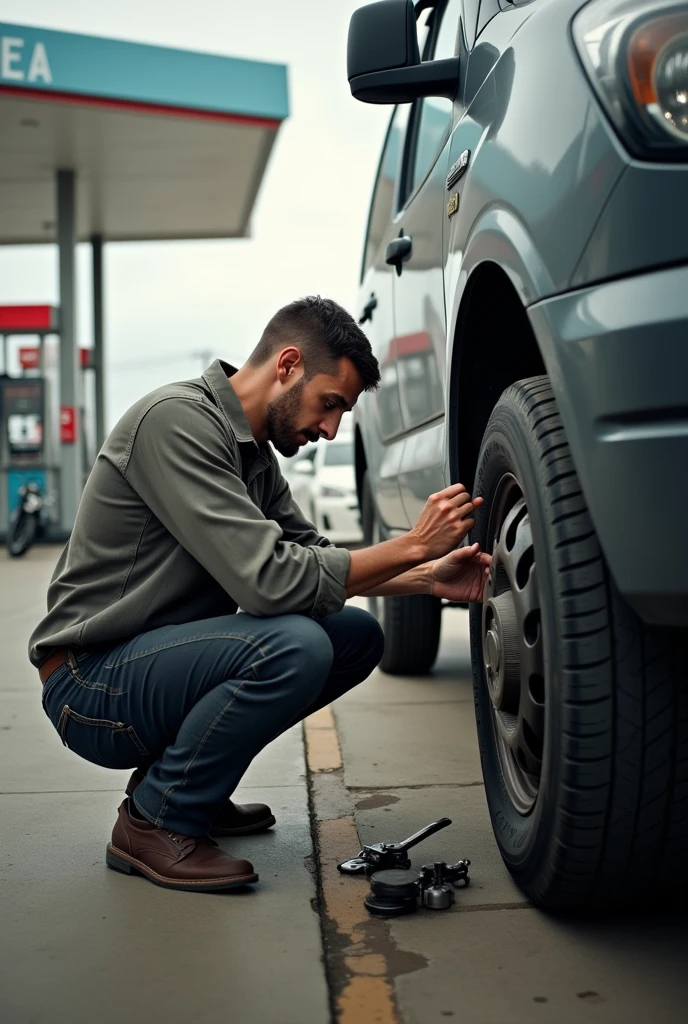 photo of a guy calibrating the tire at a gas station