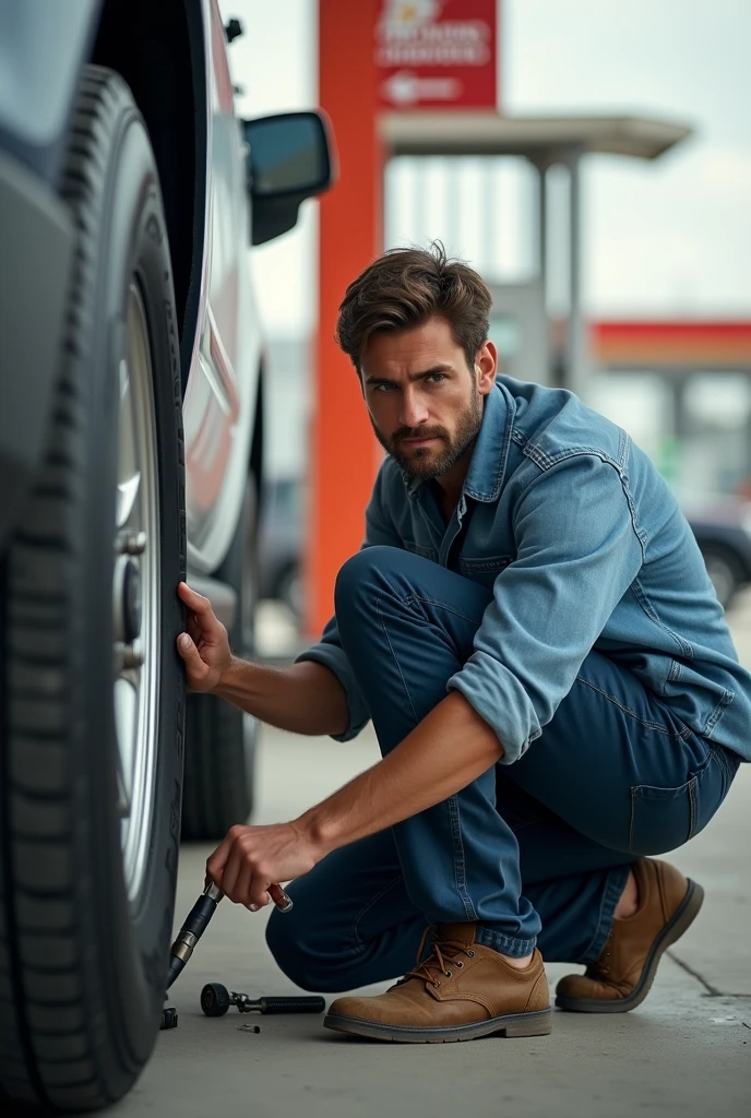 photo of a guy calibrating the tire at a gas station
