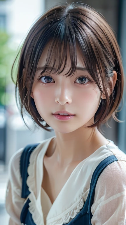 (8k, Photorealistic, RAW Photos, Best image quality: 1.4), Japanese schoolgirl、Short Bob、Super detailed face、Eye on the details、double eyelid、Sharp focus:1.2、Beautiful woman:1.4、Light brown hair、Highest quality、masterpiece、Ultra-high resolution、(Photorealistic:1.4)、Highly detailed and professionally lit smiles、camisole、blush、Open your mouth a little、Watery eye