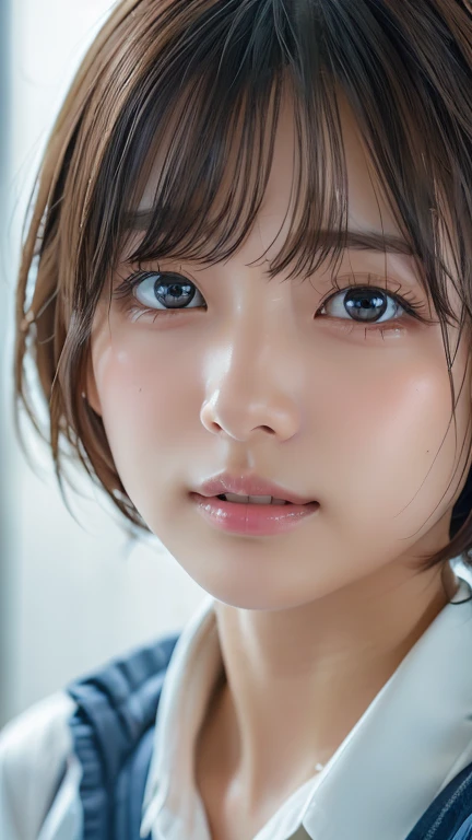 (8k, Photorealistic, RAW Photos, Best image quality: 1.4), Japanese schoolgirl、Short Bob、Super detailed face、Eye on the details、double eyelid、Sharp focus:1.2、Beautiful woman:1.4、Light brown hair、Highest quality、masterpiece、Ultra-high resolution、(Photorealistic:1.4)、Highly detailed and professionally lit smiles、camisole、blush、Open your mouth a little、Watery eye