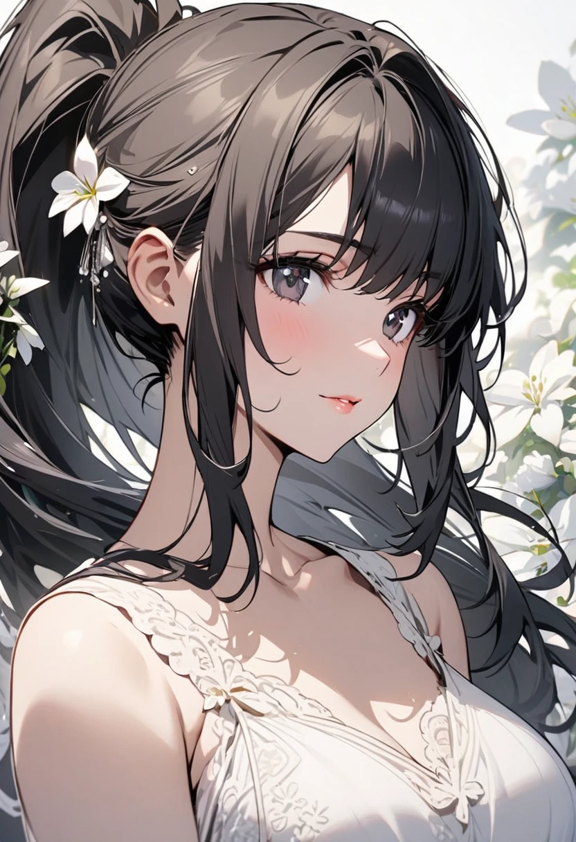 solo, handsome, Watercolor 1. Female,Straight long Hair, Light,black colored hair,
Purple eyes,Softlook,Lolita,
Off the shoulder,bra,
Unbuttoned,skin,Sexy,smile,
morning,sun,good morning,black background