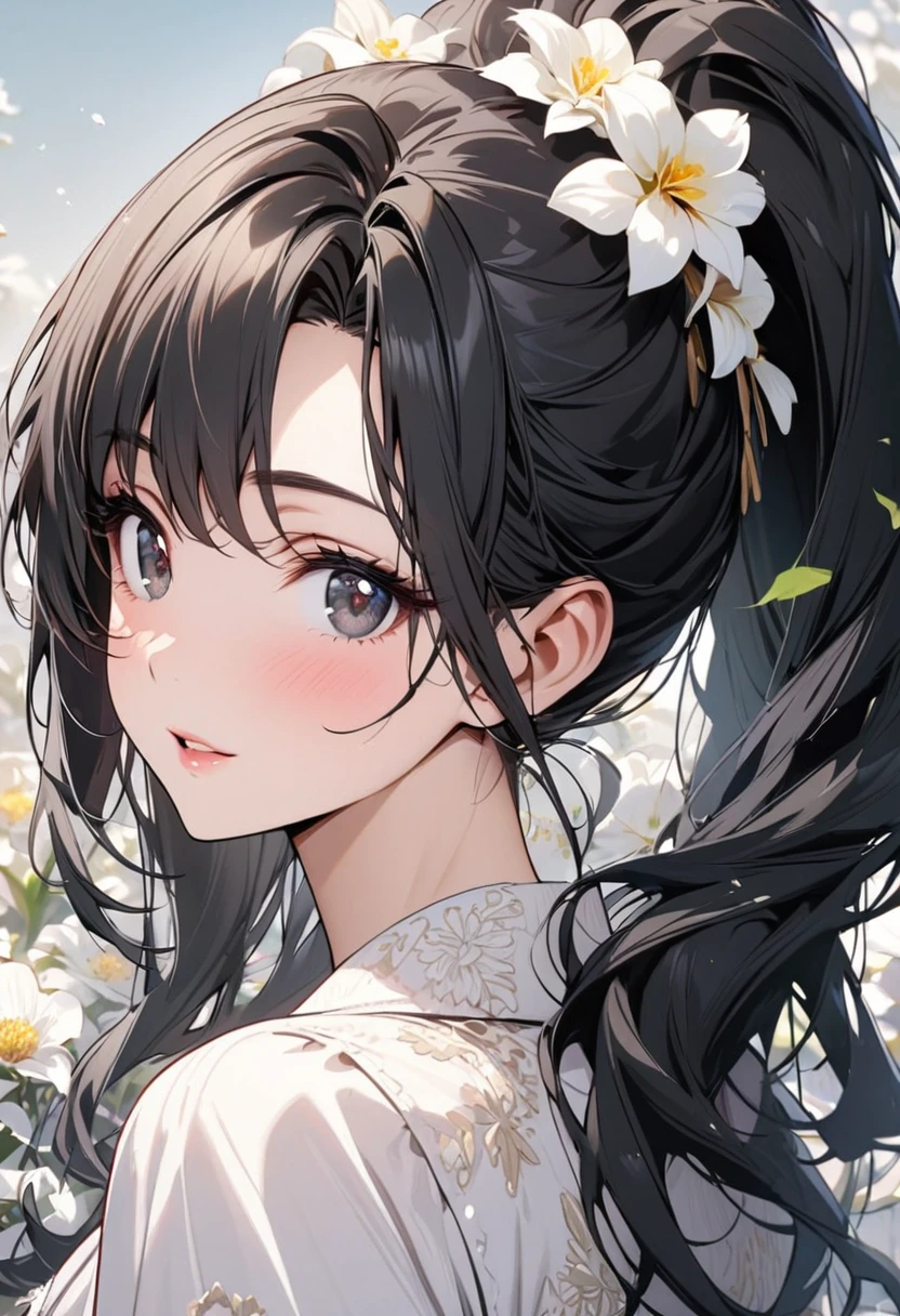 girl, mature, cute, black eyes, black hair, long hair, white flower, beautiful eyes, beautiful color, ponytail, high detail