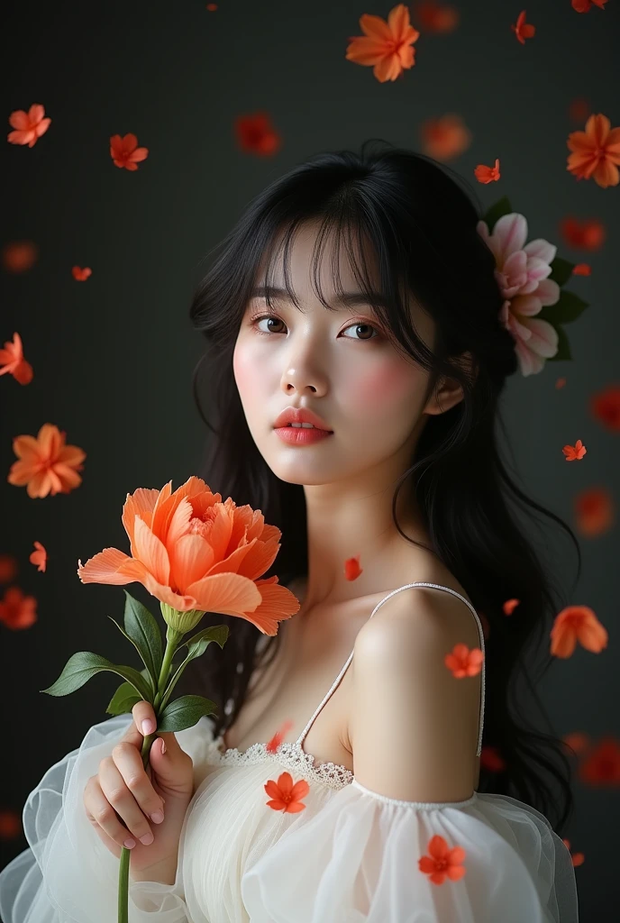 photography from the front looking into the camera, seorang wanita korea, smooth white skin, well-groomed face, ideal body, with long black hair with a fringe underneath, berlapis panjang dihiasi banyak bunga jingga, pink, red, yang indah dan kupu-kupu putih gold warna warni . wearing a white dress with a delicate hem with details, with shoulders visible. holding an orange flower, pink, red, . The overall aesthetic should be subtle and unique., with a dark background for contrast and to highlight the brightness of the flowers and butterflies..Realistic original photo. 