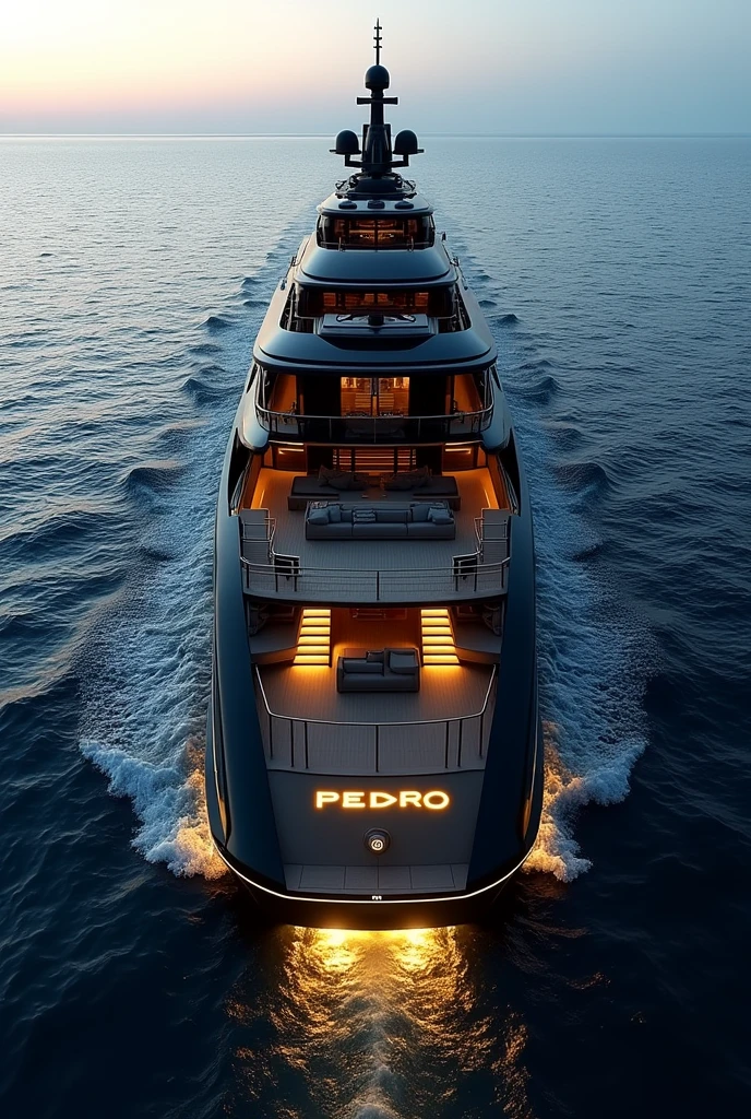 A biger super yacht in black,navy blue and white having the world Pedro in big letters yellow LED lighting at the back popping out 3d