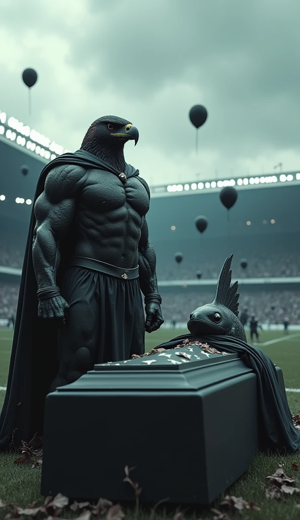 a male hawk, muscular, puffed out chest, black costume, next to a beautiful muscular fish, puffed out chest, black costume, inside a football stadium, everyone is sad to see a coffin with a flag over it highlighted in blue colors, offwhite, rot, black balloons flying in the wind