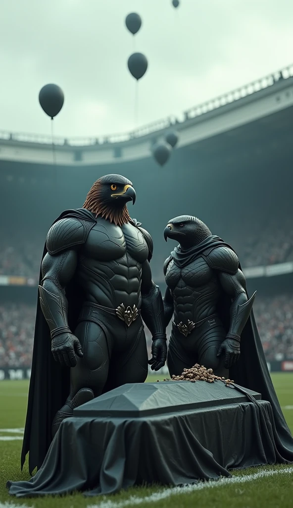 a male hawk, muscular, puffed out chest, black costume, next to a beautiful muscular fish, puffed out chest, black costume, inside a football stadium, everyone is sad to see a coffin with a flag over it highlighted in blue colors, offwhite, rot, black balloons flying in the wind