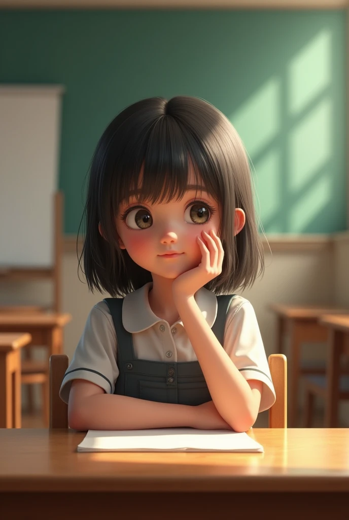 7 girl going stting in school on chair and thinking