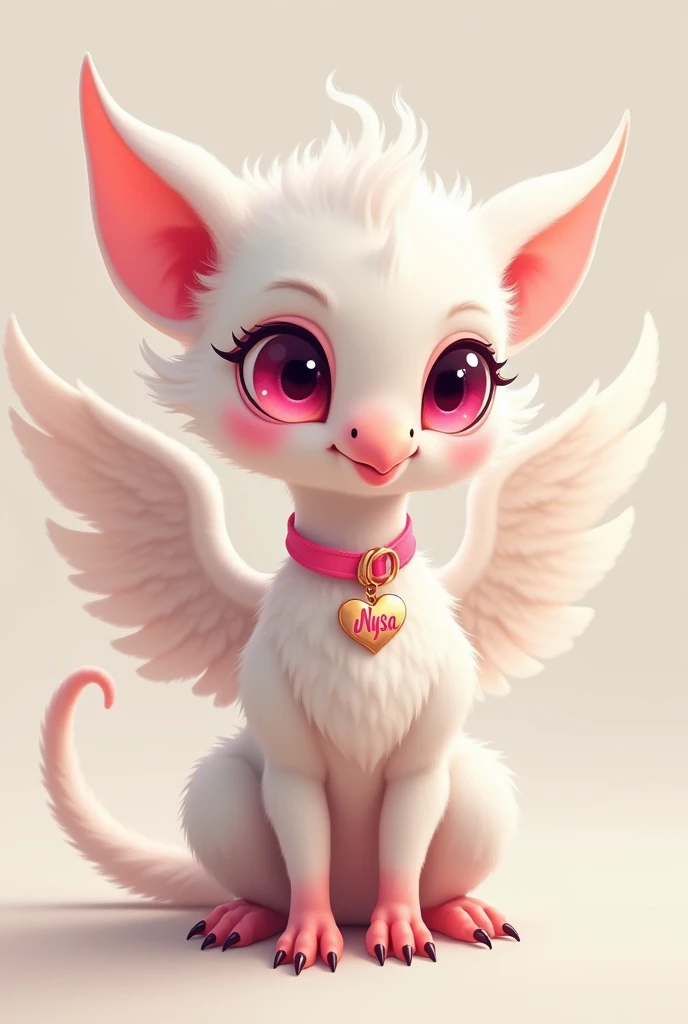 I want you to create a picture of a baby albino eagle-beaked griffin with pink Harry Potter eyes and wearing a pink collar with a heart with the name Nysa on it.