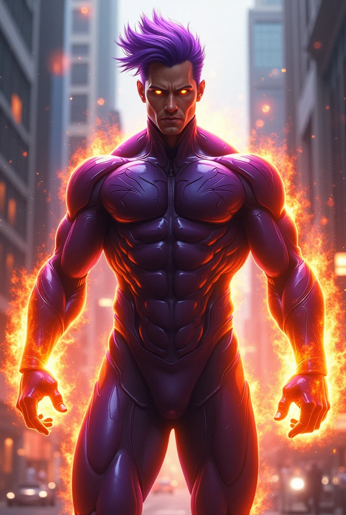 Create a character, male hero with fire powers and purple and red colors who embraced capitalism 