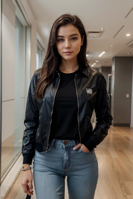 a young woman, with a minimalist and modern design. The colors of your clothing can be soft , transmitting a sense of calm and confidence. And taking into account the brand colors similar to Ubii https://ubiiapp.with/ubiiapp/home and https://www.ubiipagos.with/. Facial expression should be friendly and smiling., inviting interaction. She is a woman who will be the image of the Customer Service team.. Clothing should be moderate.: jeans, formal shirt, Ubii logo jacket, clock, bracelet. ...Considering that she is a woman who works in a financial company, hence, must convey seriousness, while being friendly, generate trust and security
