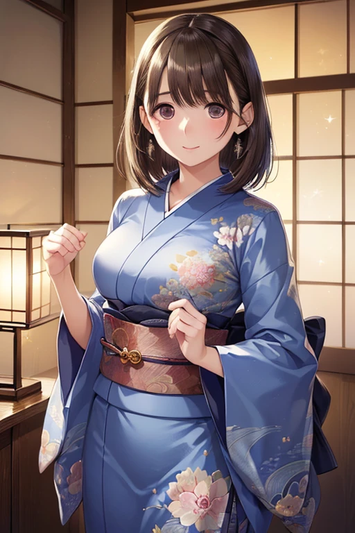 (((Highest quality、High resolution、masterpiece、Perfect human body)))、(((Cowboy Shot、One Woman:1.3)))、(((Navy blue plain yukata:1.6、8 heads、Brown Hair:1.3、Wavy Hair:1.4、Bobcut:1.3、Sweep your bangs to the side:1.3、Round eyes、Beauty:1.3、Large breasts、Big butt、smile、Japanese-style inn guest rooms)))