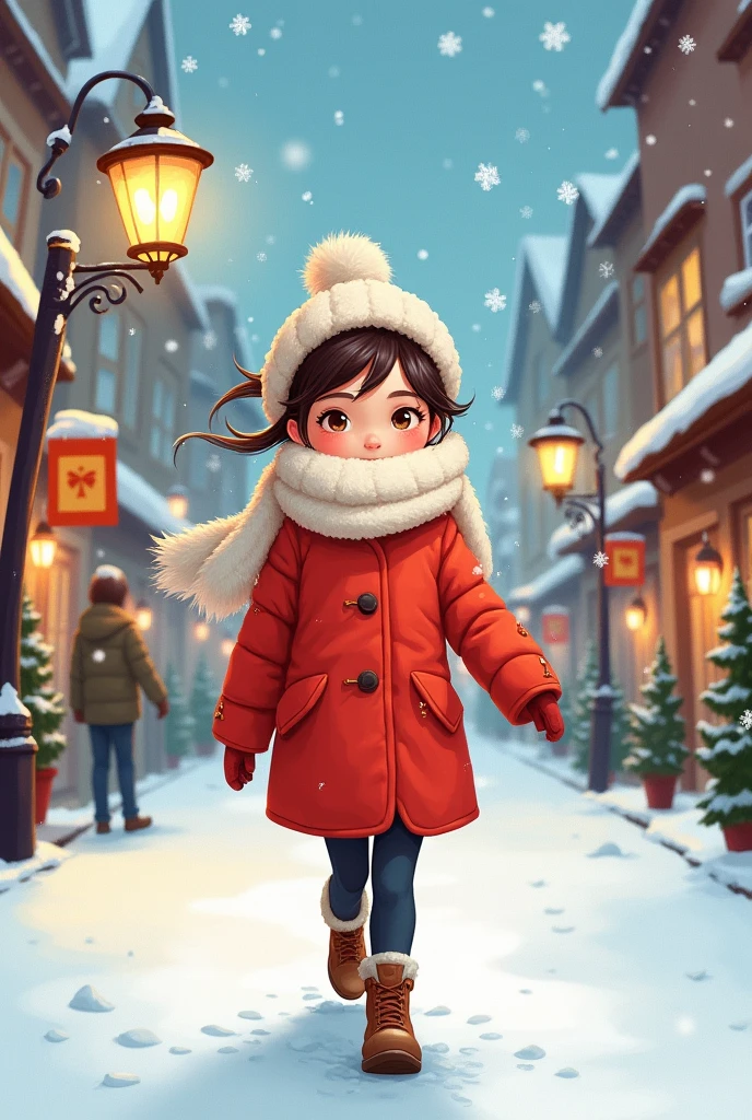 A teenage girl walks on a snowy street. She wears a bright red coat and a white scarf covering her face. Cartoon illustration.