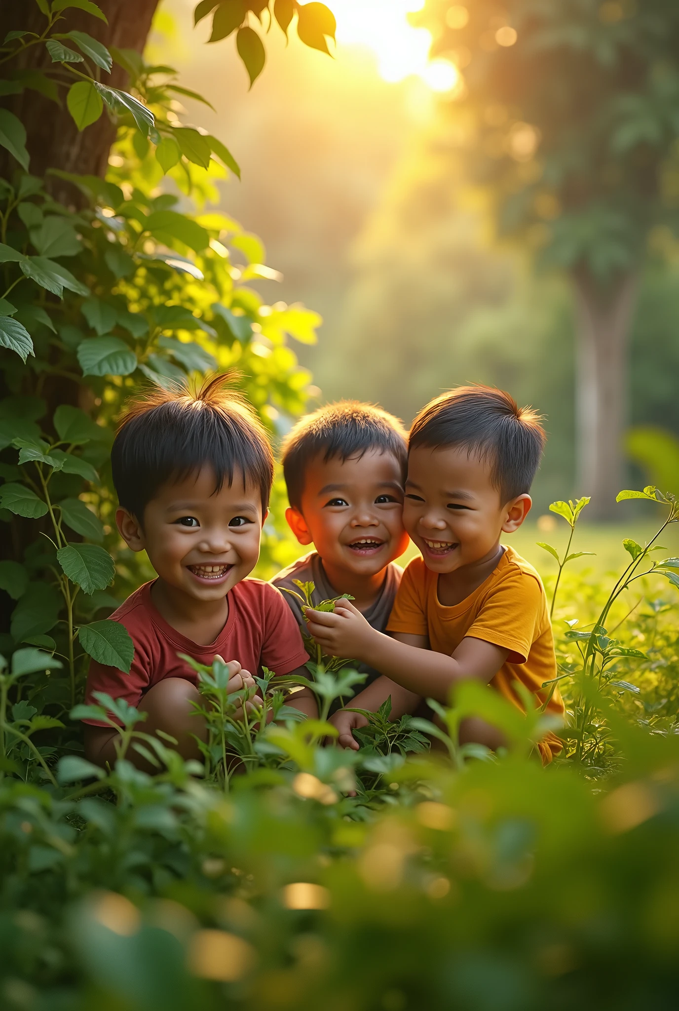 ( photo realism 1.2) photo realistic high detailed Malay kids smile at bush playing around cinematic view cinematography view morning mode
