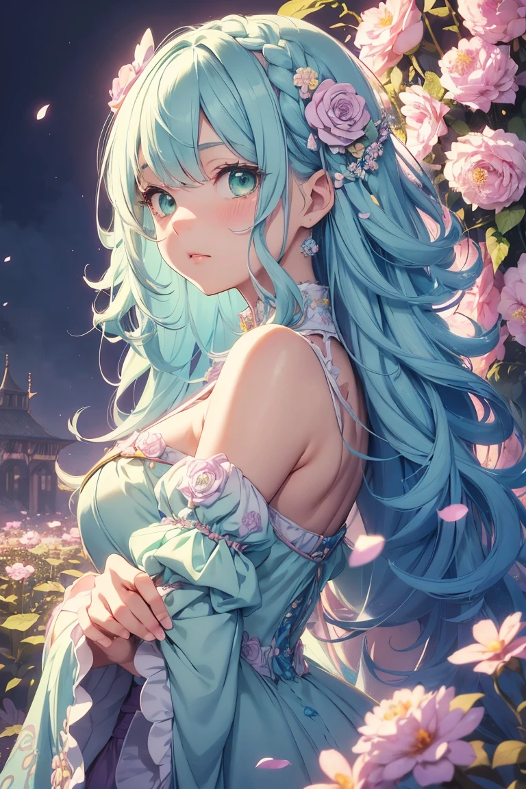 Prompt: 1girl:1.3, kawaii girl, (pastel color digital art:1.3), middle hair, curly hair, loose hair, big hair, dense hair, pale blue hair, green eyes, fantasy intricate clothes, engraving, craftsmanship, (flowers, petals), enticing art pose, psychedelic, fractal, absurdres, highres, ultra detailed, from side,