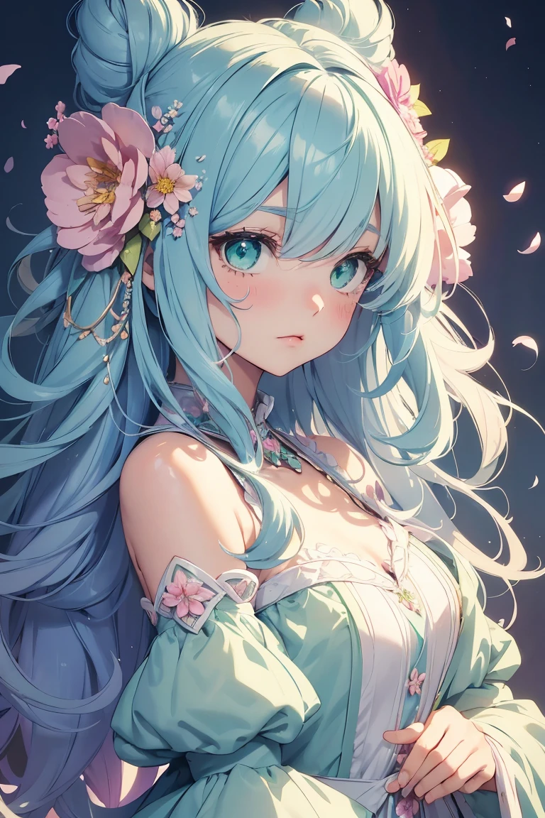 Prompt: 1girl:1.3, kawaii girl, (pastel color digital art:1.3), middle hair, curly hair, loose hair, big hair, dense hair, pale blue hair, green eyes, fantasy intricate clothes, engraving, craftsmanship, (flowers, petals), enticing art pose, psychedelic, fractal, absurdres, highres, ultra detailed, from side,