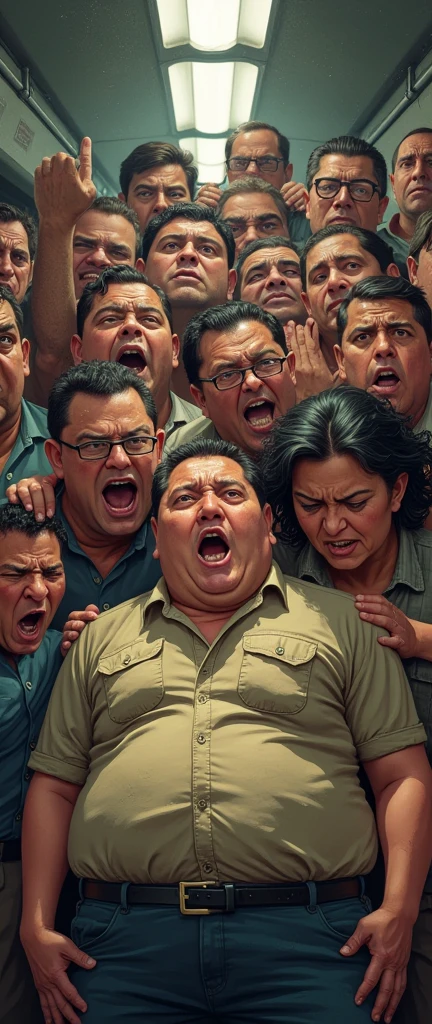 incredibly fat people compete for space within a meter, they are angry, are going to work on public transport, men and women, dirt clothes, people talking loudly
