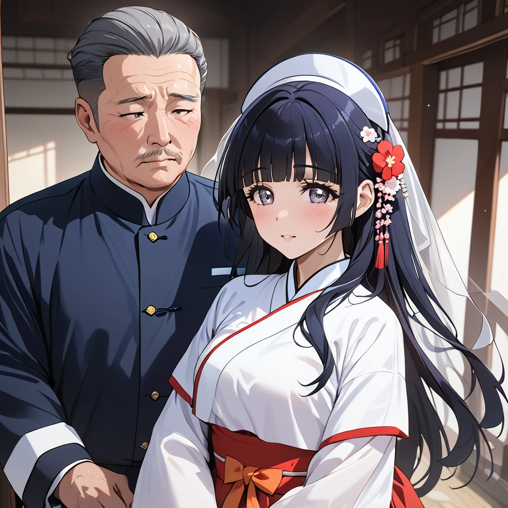 ((Highest quality)), ((masterpiece)), (detailed), (Perfect Face)、The woman is Reika Aoki with semi-long hair、The woman is wearing a North Korean traditional traditional dress and is getting married to a middle-aged North Korean man.