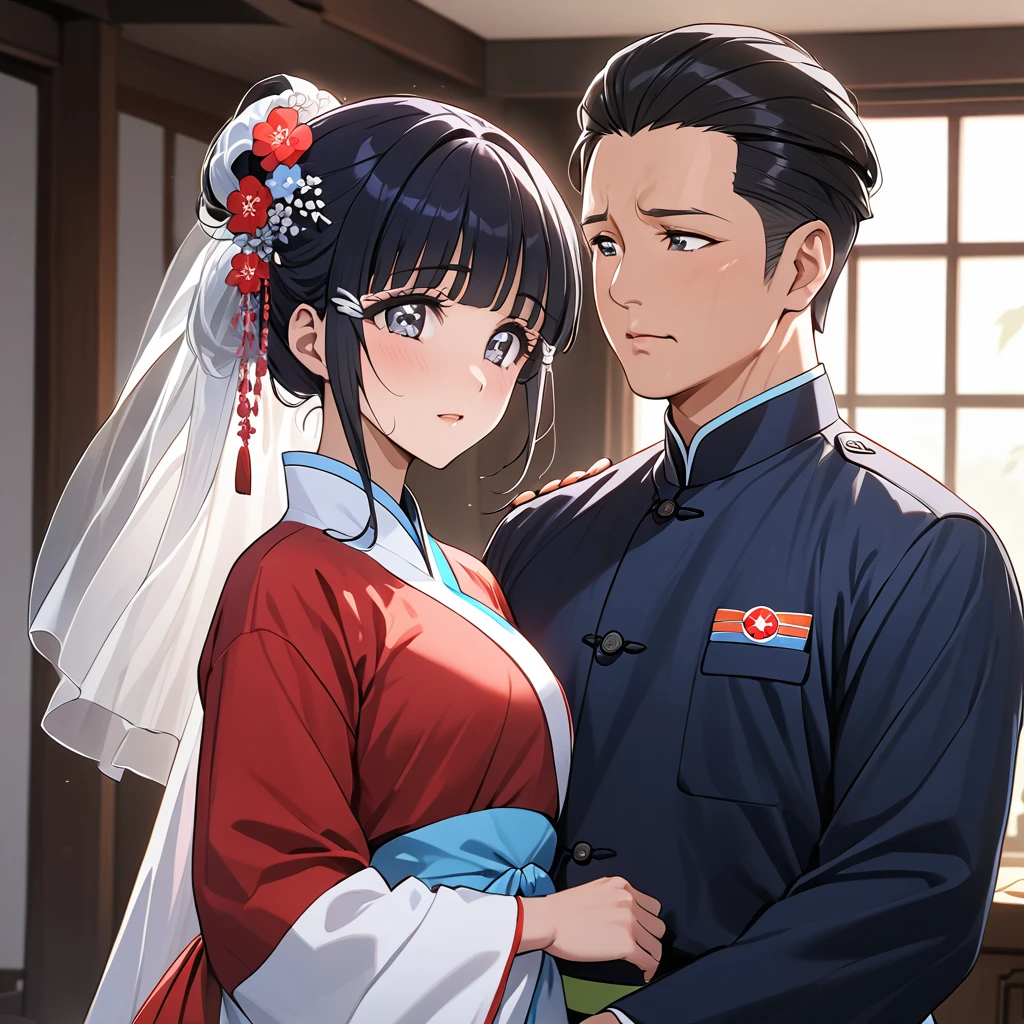((Highest quality)), ((masterpiece)), (detailed), （Perfect Face）、The woman is Reika Aoki with semi-long hair、The woman is wearing a North Korean traditional traditional dress and is getting married to a middle-aged North Korean man.