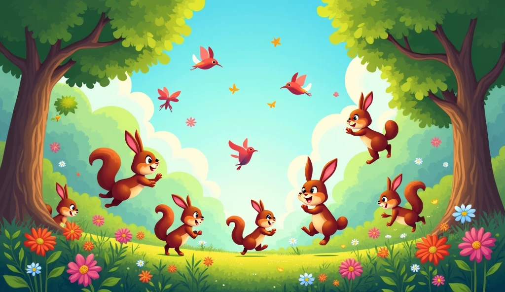 Create a vibrant and playful scene set in nature's playground. Imagine a lively forest with tall trees, colorful flowers, and a bright sky. In this setting, animals of all kinds—rabbits, squirrels, birds, and butterflies—are playing together in harmony. Some are jumping, spinning, and clapping, while others are flying or swinging from branches. The atmosphere is joyful and filled with the excitement of everyone joining in the fun. The scene should feel full of life, color, and energy, capturing the essence of nature's playground for everyone.