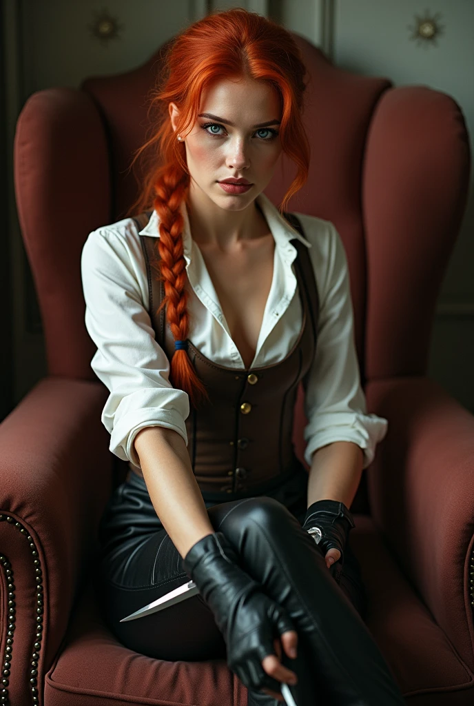 Create a beautiful red-haired woman with light blue eyes who is sitting in an armchair playing with two daggers, She should have her hair tied back in a single braid on one side and be dressed in a shirt and over that put a brown corset on her, that he has black leather pants and has knee-high boots.