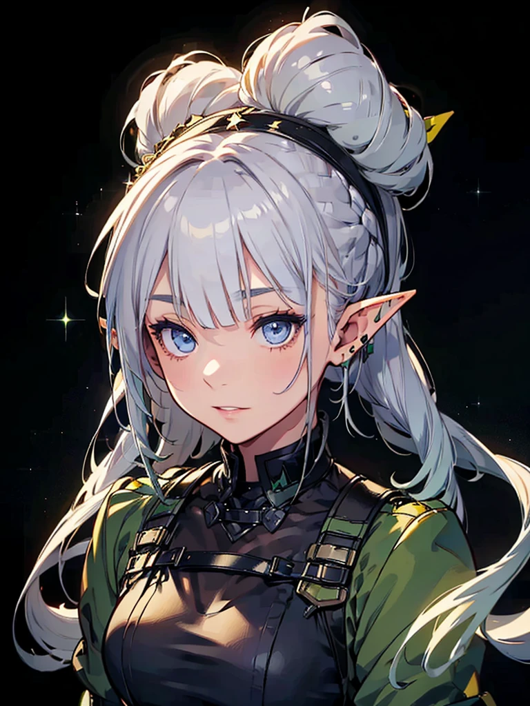 whole body、Black background with spotlight, Long eyelashes, Green military uniform、beautiful girl, Pointed Ears、Elf、Silver Hair、blue eyes、Braided shorthair