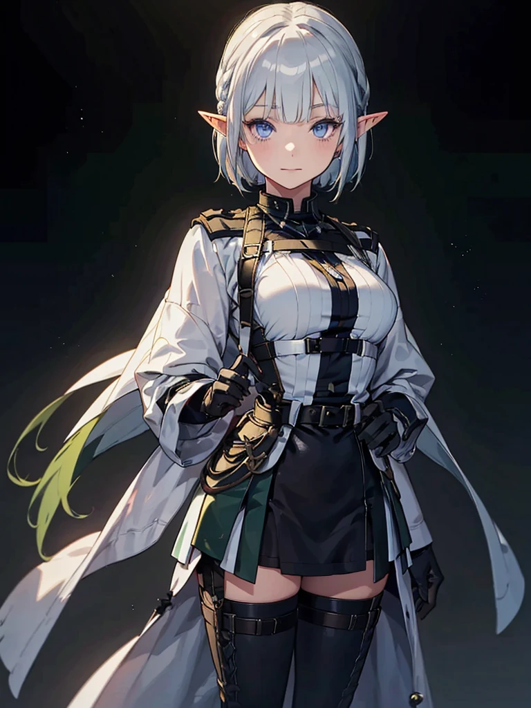 whole body、Black background with spotlight, Long eyelashes, Green military uniform、beautiful girl,　Pointed Ears、Elf、Silver Hair、blue eyes、Braided shorthair