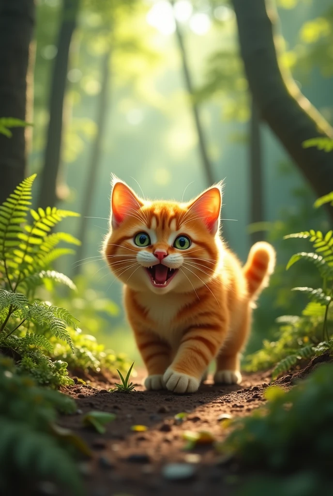 A photo of Eve Cat, a , cat Orange, chubby LONG GREEN EYES, walking excitedly in the forest