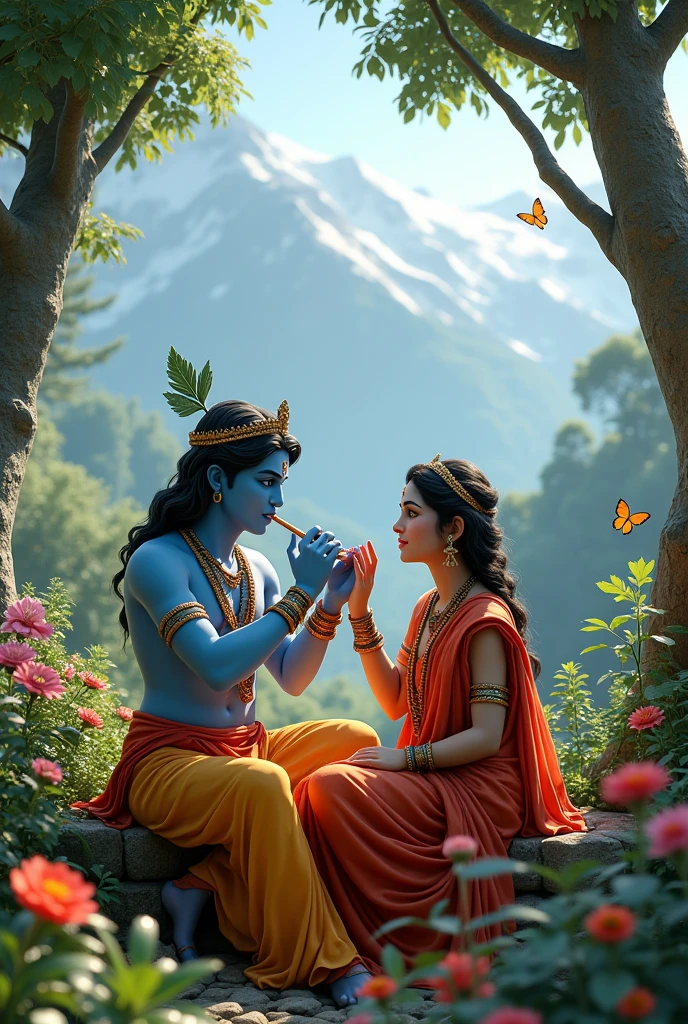 Krishna playing with flute with Radha in beautiful forest and full of mountains and realistic 3D images