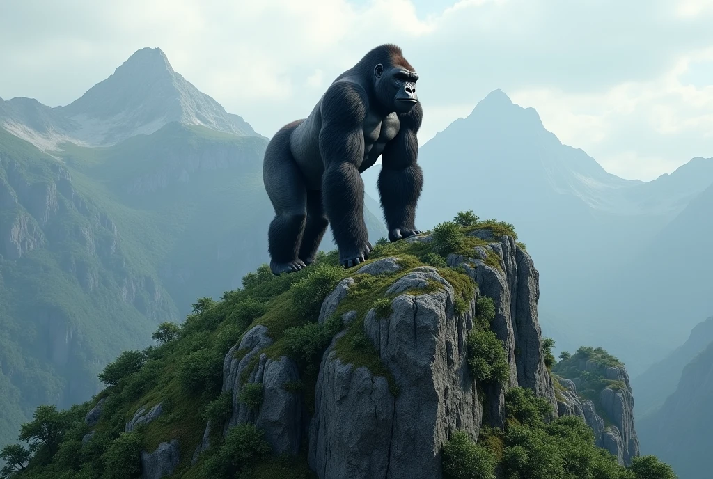 Create a stunning, hyper-realistic, AI-generated artwork of a gorilla in its natural habitat, positioned at the top of a mountain range. The gorilla should be depicted in a commanding and majestic pose, showcasing its powerful build and expressive features.
The scene should feature multiple mountains in the background, creating a dramatic and expansive landscape. The sky should be overcast with clouds, adding a sense of atmosphere and depth to the scene. The surrounding vegetation should be lush and green, reflecting a rich, verdant environment.
Include details such as the gorilla’s textured fur, the rugged terrain of the mountain, and the dense foliage. The lighting should be soft and diffused, reflecting the cloudy sky and emphasizing the gorilla’s presence amidst the mountainous backdrop.
The style should be hyper-realistic yet artistic, focusing on the gorilla’s imposing stature and the natural beauty of its mountainous habitat. The final artwork should be high-resolution and visually striking, capturing the grandeur and serenity of the gorilla in its elevated, natural setting.